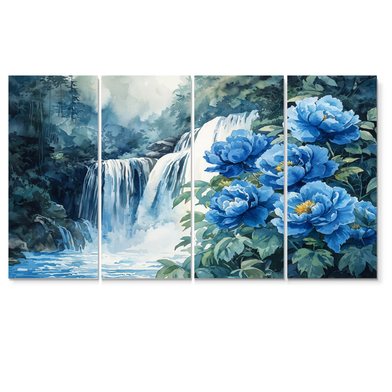 Pivoines par la cascade V - par Wall Art - décoration murale traditionnelle, H 28 po x l 48 po, 4