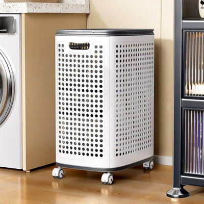 Panier à linge à roulettes sans couvercle JOYBOS, grand bac de rangement pour vêtements sales en plastique ventilé, gris clair