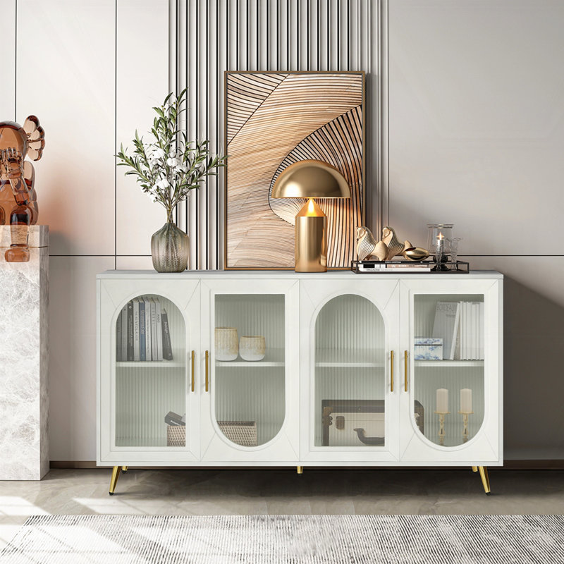 Armoire de rangement en bois, Blanc antique / Or