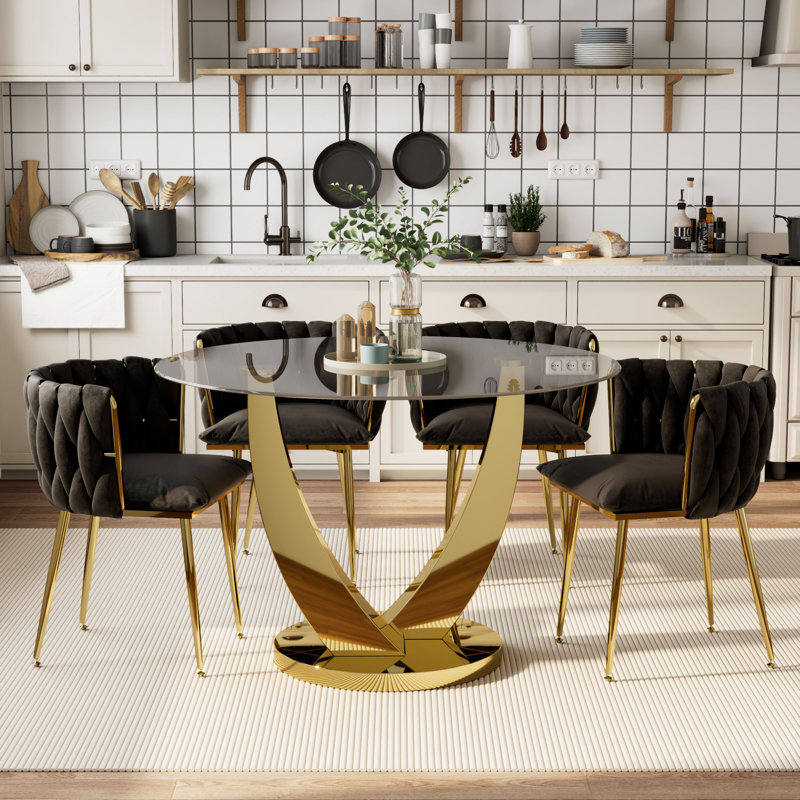 47.2" Round Glass Dining Table Set for 4, Clear Round Kitchen Set with 4 Upholstered Velvet Chairs, for Kitchen, Dining and Space Saving