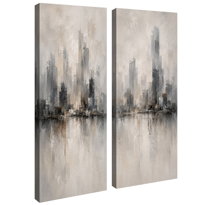 Reflet d'une silhouette urbaine aux tons neutres et doux – Ensemble de 2 impressions sur toile 32 po x 12 po x 2 po