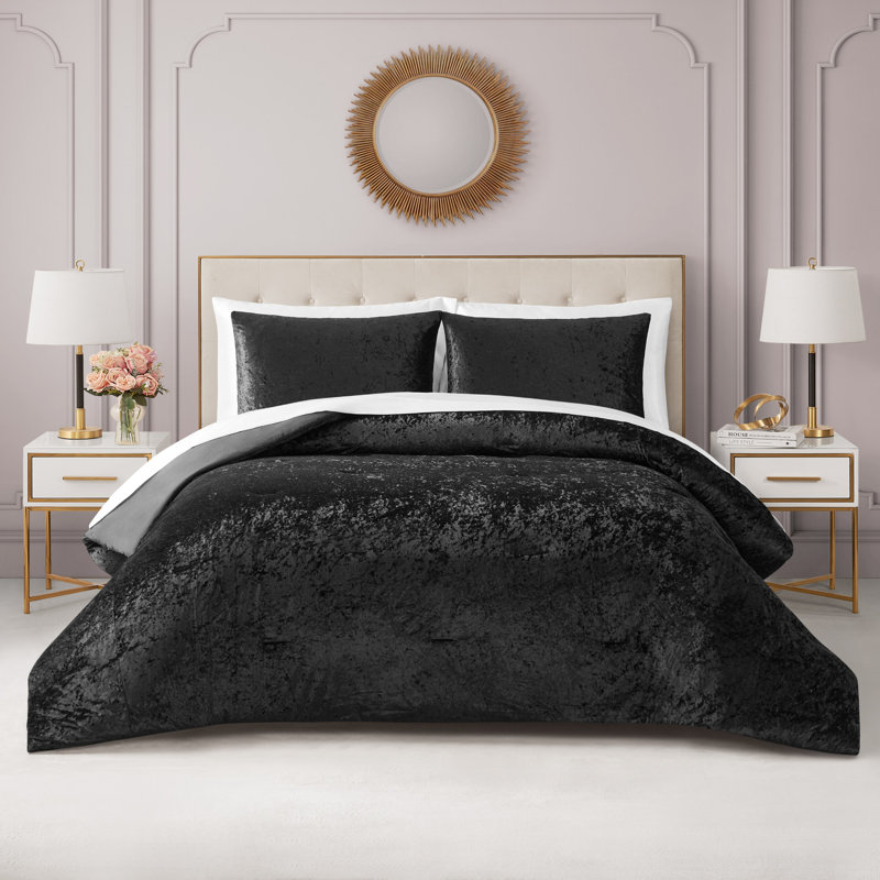 Juicy Couture Crushed Velvet Reversible Comforter & Shams Bedding Sets, Twin XL Comforter + 2 Twin Shams, Black