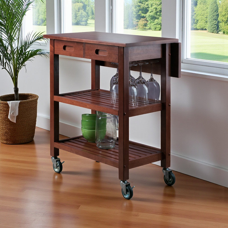 Jonathan Utility Cart with Wheels and Drawers in Walnut, 32.90" H X 28.05" W X 23.40" D