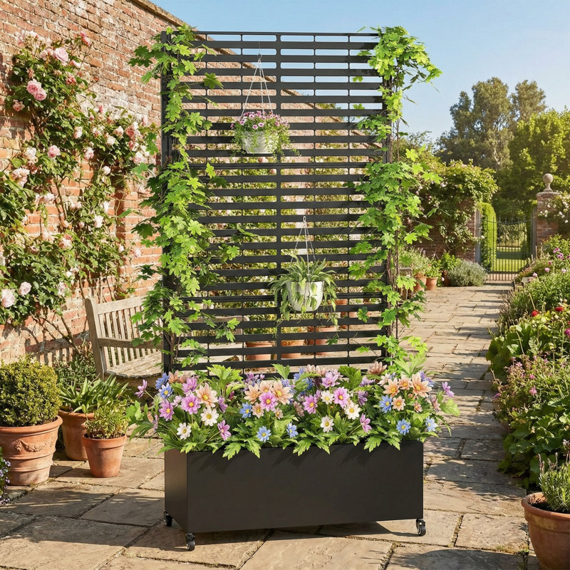 Iversen Metal Planter Box With Trellis With Wheels, 73'' H X 35'' W X 15'' D