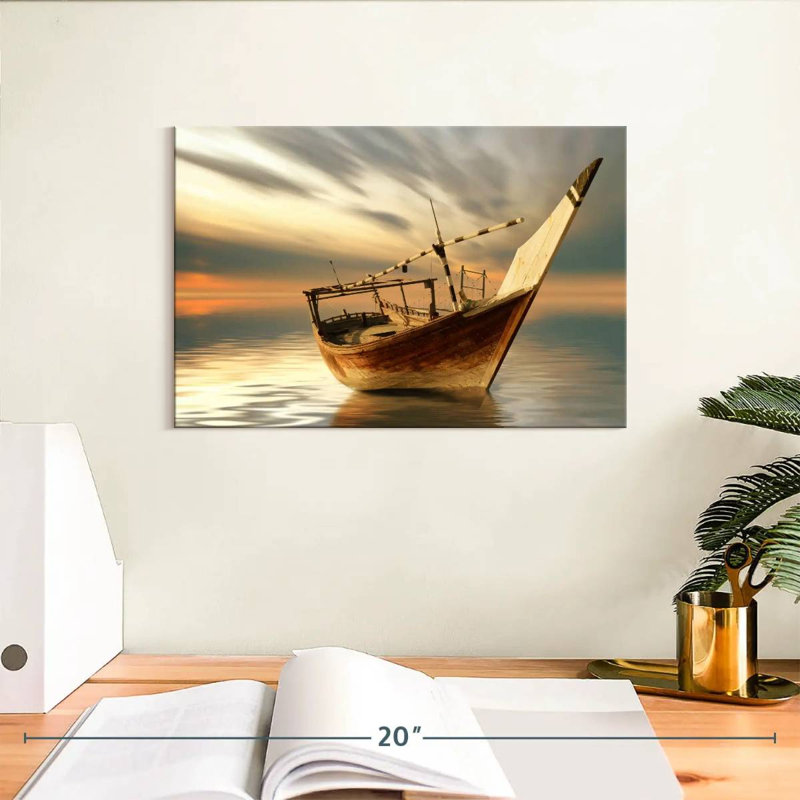 Bateau Mehar au coucher du soleil, H 8 po x l 12 po