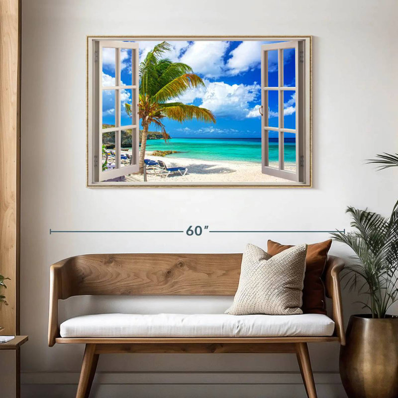 Vue de la fenêtre de la plage blanche, Cadre flottant en bois naturel, 46 po x 31 po