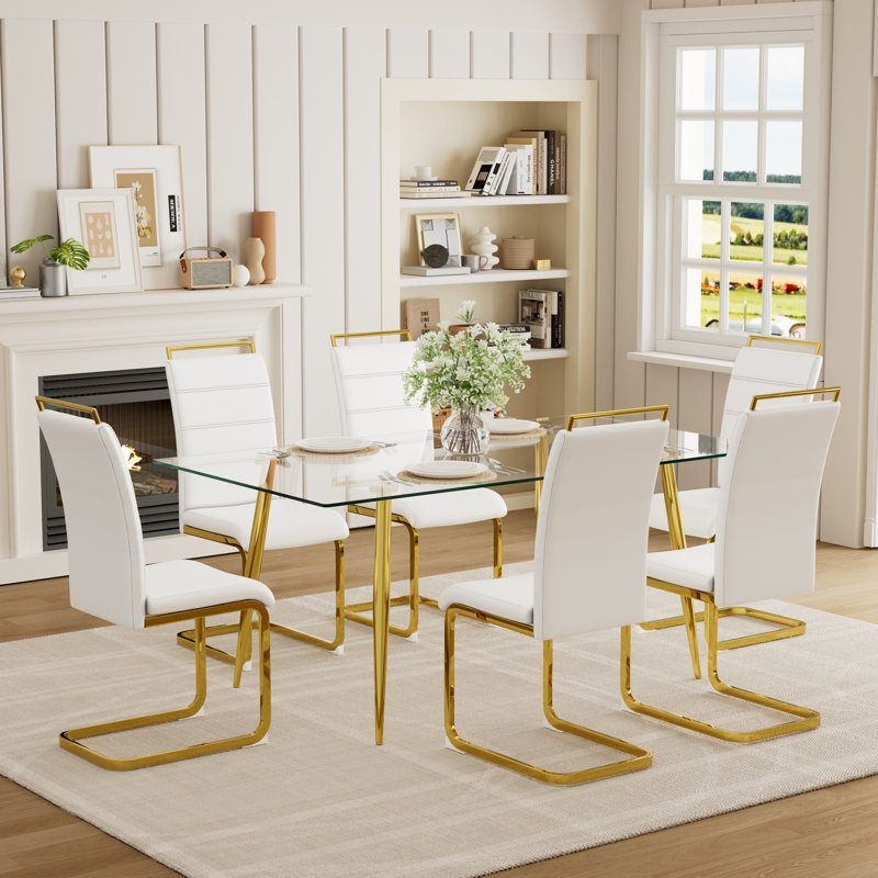 Ensemble de table de salle à manger rectangulaire en verre transparent avec chaises en polyuréthane 4/6, pieds en métal pour la salle à manger et la cuisine