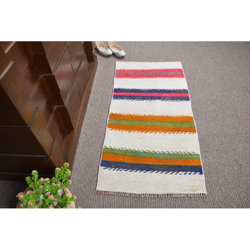 Vintage Turkish Kilim Small Hemp Rug with Striped Design Ideal for Entryway Decor