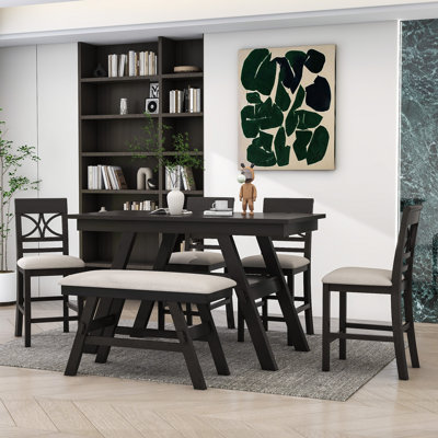 Damu 6 - Piece Dining Set, Dining Table with Storage Shelf and Bench and 4 Chairs