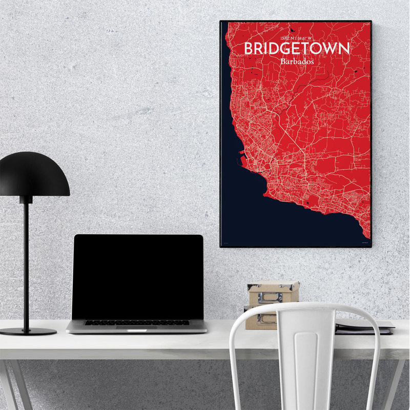 «Bridgetown City Map», impression, Rouge / Bleu marine, H 36 po x l 24 po