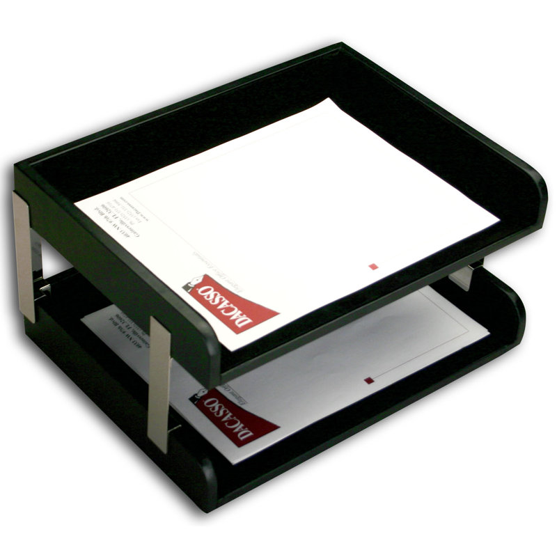 Classic Black Leather Double Side Load Letter Trays with Silver Posts