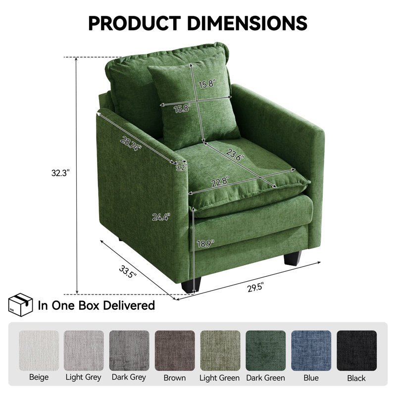 Chaise d'appoint moderne 1 place 29,5 po avec siège profond, coussin décoratif et revêtement en chenille douce 29,5 po Cloud