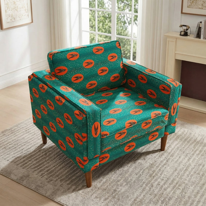 Green Patterned Upholstered Sofa With Solid Wood Frame And Natural Wood Legs(1-Seater)
