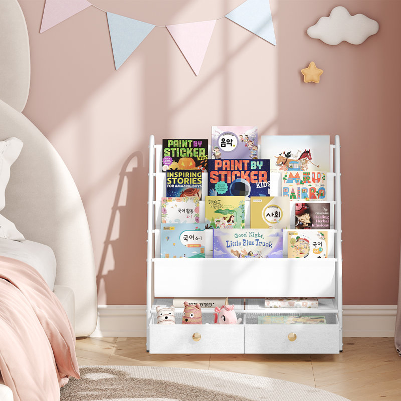 Bibliothèque à 4 niveaux avec 2 tiroirs en tissu, bibliothèque en métal et rangement pour jouets