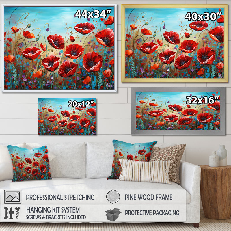 Red Poppies Blossoming III - impression, H 16 po x l 32 po x P 1 po, Cadre doré simple