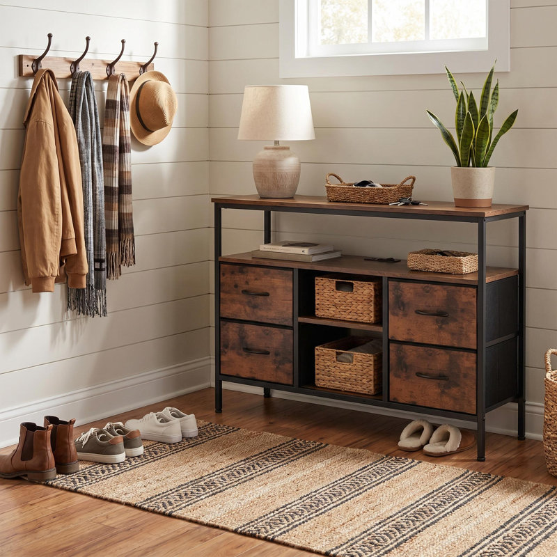 Buffet industriel 43 po avec 4 tiroirs en tissu et station de charge USB, bibliothèque à DEL, bois rustique et métal noir, présentoir large autoportant
