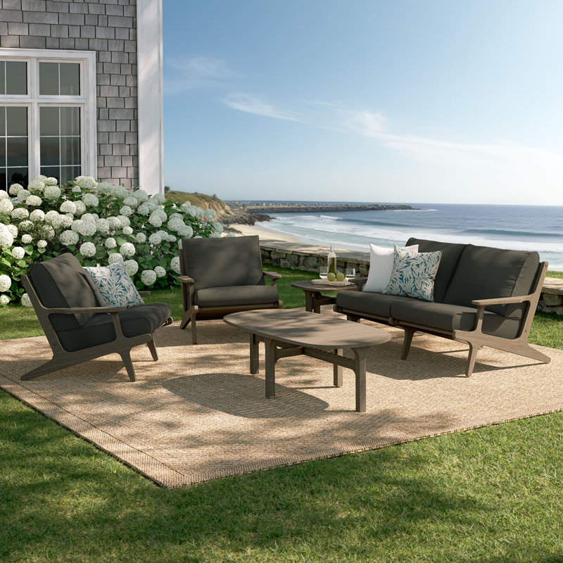 Saratoga Outdoor Teak Wood Furniture Set In Weathered Gray Flint, Gray, 4 Pcs: Cushions, Chair, Table, Loveseat
