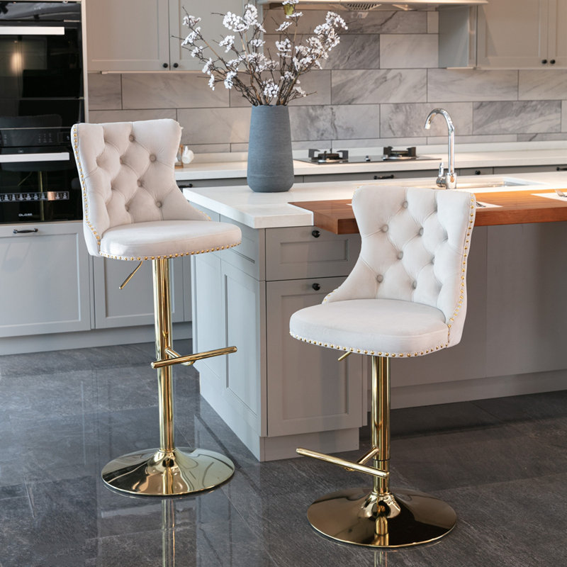 Swivel Velvet Barstools with Adjusatble Seat Height, Beige, Gold