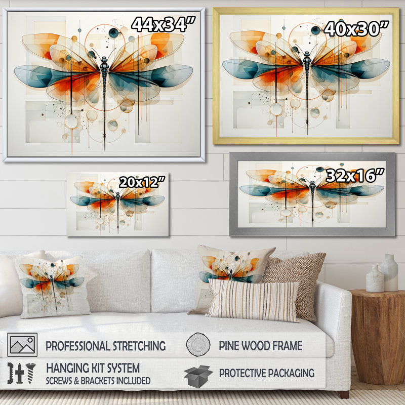 " Teal Dragonfly Ethereal Flight Geometric II ", Wrapped Canvas, 34" H x 44" W x 1.5" D