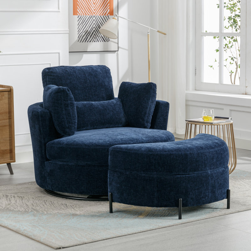 Navy Chenille Swivel Barrel Chair with Ottoman