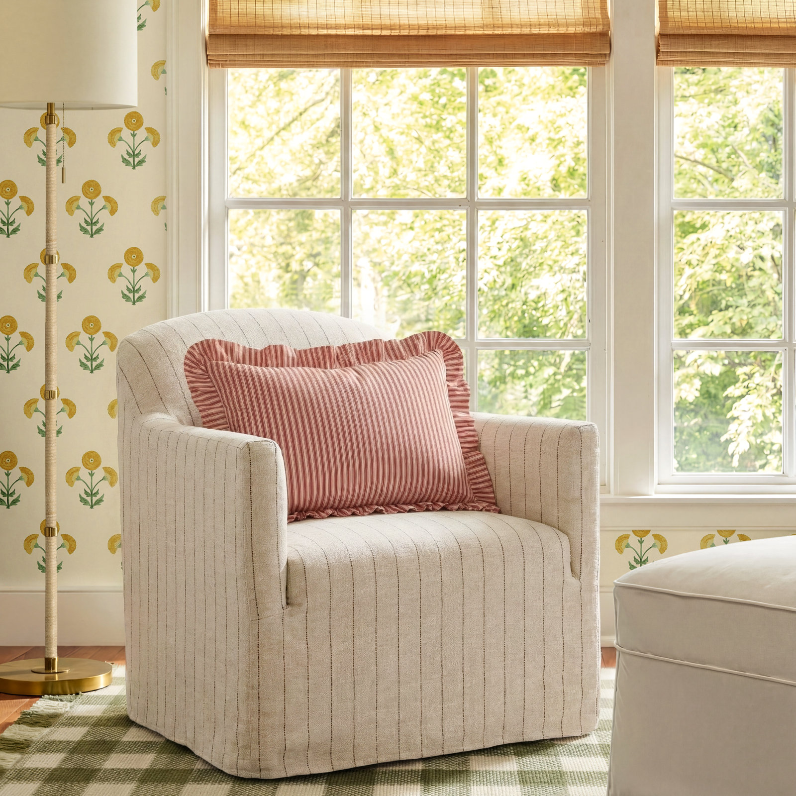 Lowell Slipcover Swivel Chair, Cream Striped Linen