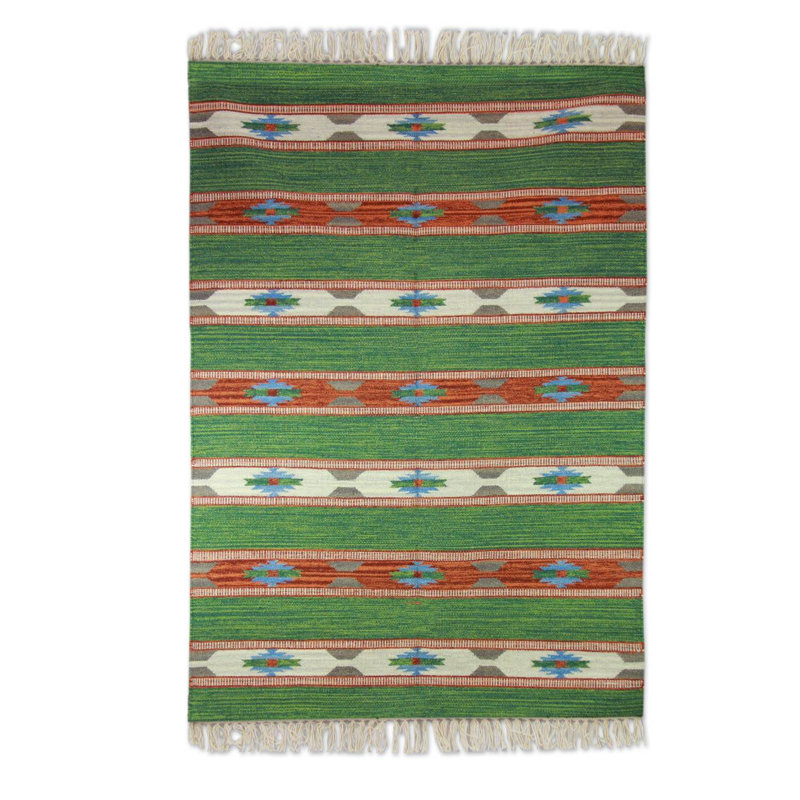 Tapis vert/rouge en laine fait main dhurrie en laine indienne Danya