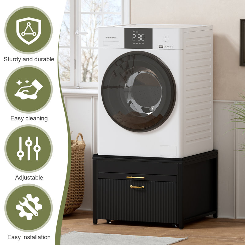 29" Universal Washer Dryer Pedestal Stand with Storage Drawer and Pull-Out Tray, Built-In Drain Pan and Hose, Anti-Vibration for Easy Installation, Black