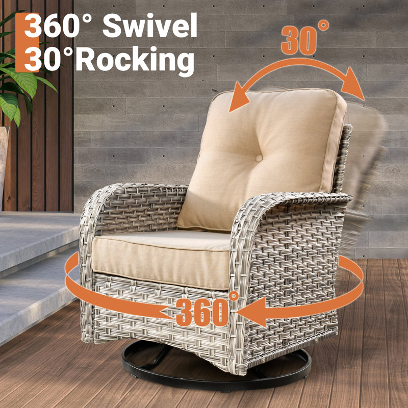 Emroy 6 - Person Outdoor Wicker Sectional Seating Group with Lighted Coffee Table and Swivel Chairs, All Weather Modular Rattan Conversation Set with Cushions