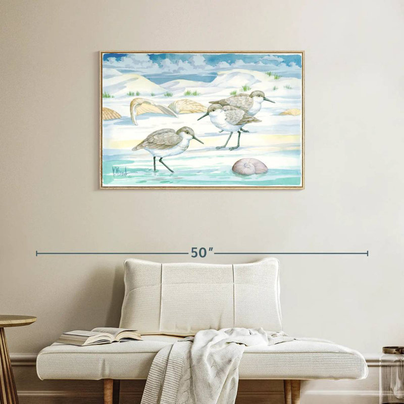 Shell Island Sandpipers, Floating Frame Natural Wood, 37" X 25"