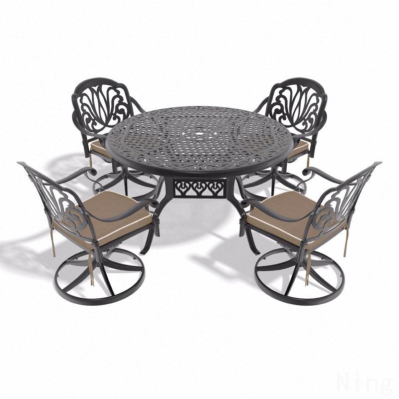Ensemble de salle à manger 5 pièces en aluminium coulé résistant aux intempéries, comprenant 4 chaises pivotantes et une table ronde de 48,03 po avec cadre noir
