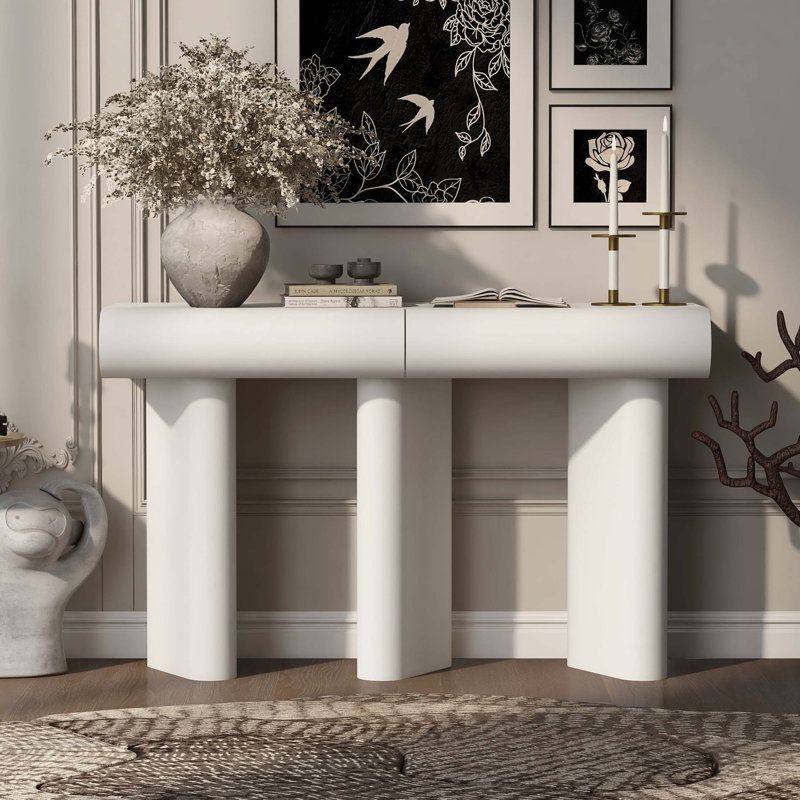 Console moderne de 47,6 po avec 2 tiroirs incurvés, table de couloir peu encombrante avec pieds géométriques, canapé étroit contemporain