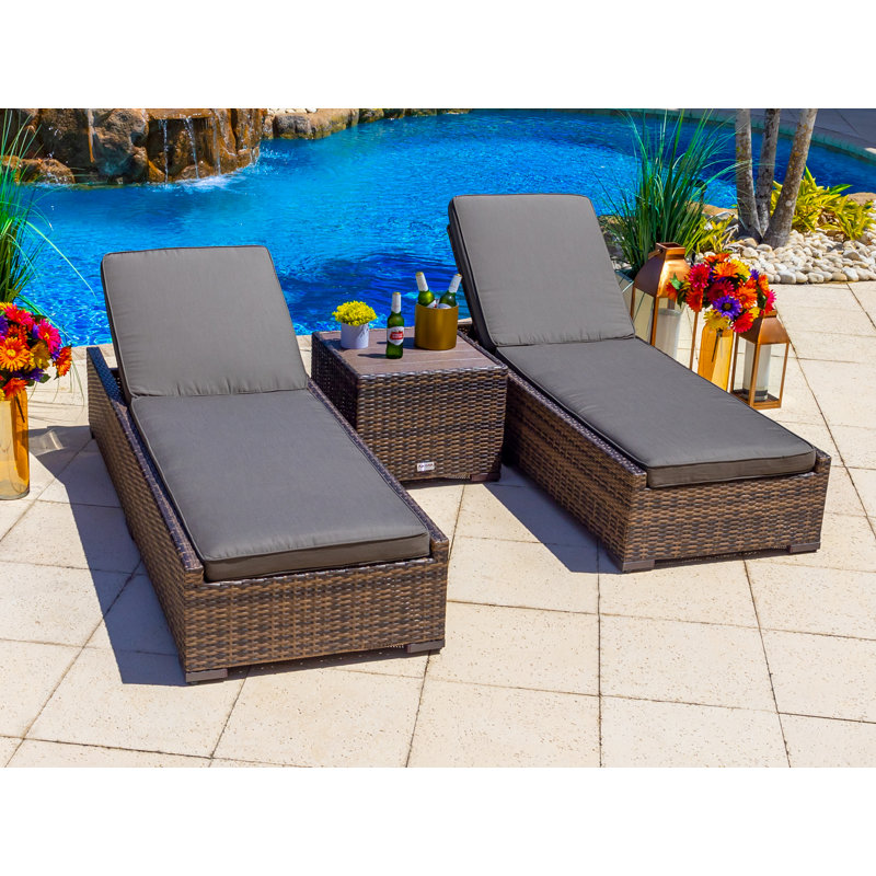 Ensemble de chaises longues inclinables de 76,5 po avec coussins et table Sorrento, Toile gris anthracite Sunbrella®, Brun