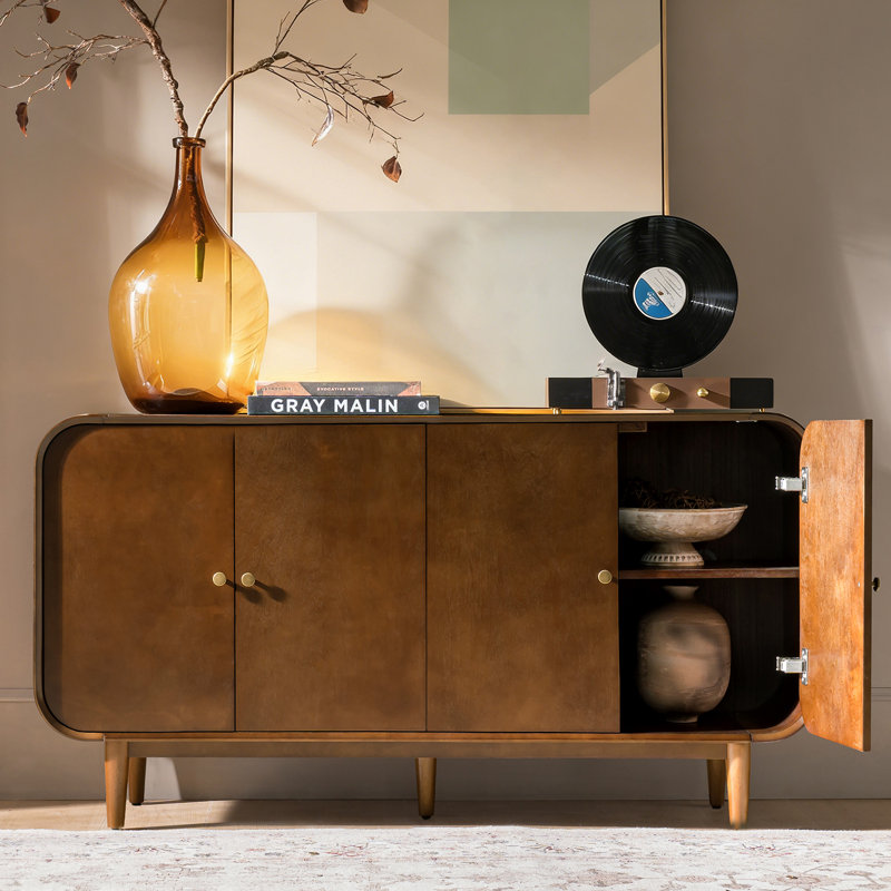 Alee 58'' Wide Mid-Century Modern Curved Design 4-Door Sideboard with Adjustable Shelves and Cable Management, Brown