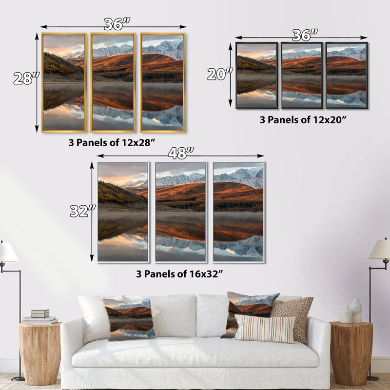«Lake Mountains Reflection Snow Sunrise», ensemble d'art mural sur toile encadré paysage, H 28 po x l 36 po x P 1 po, Noir