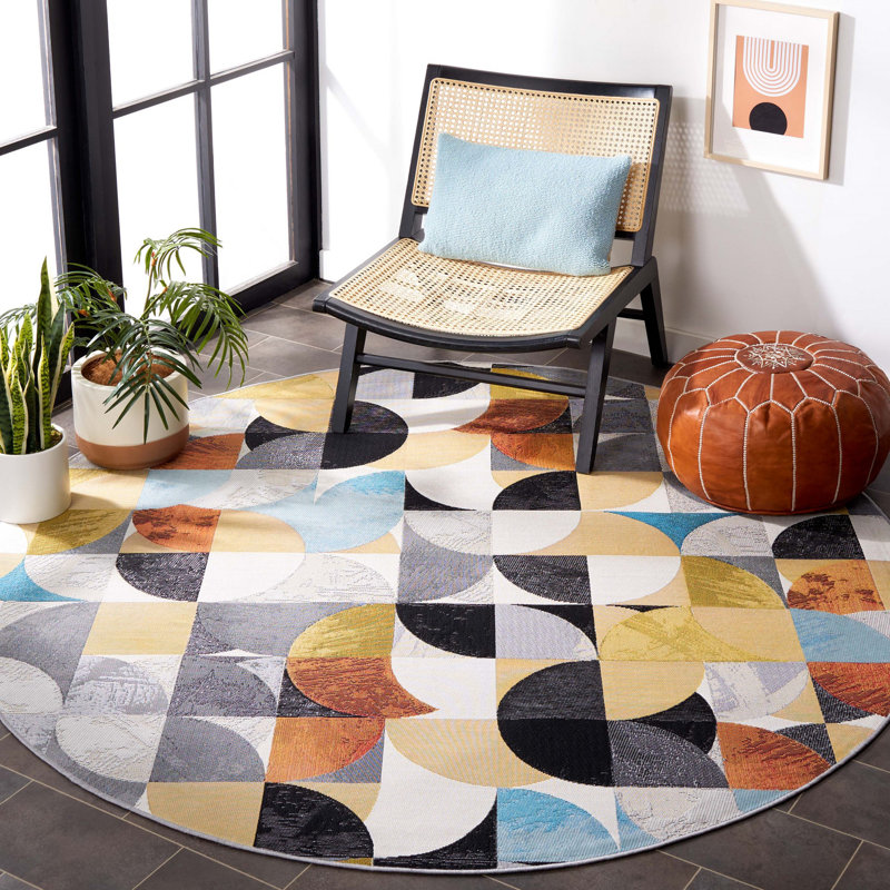 Binti Abstract Machine Woven Polypropylene Indoor / Outdoor Area Indoor/Outdoor Area Rug in Ivory/Black/Blue, Round 6'6"