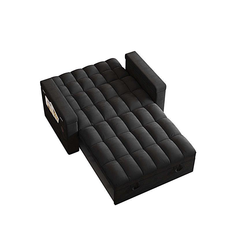 Canapé-lit en velours avec dossier réglable, sac de rangement et oreiller, port USB, Noir