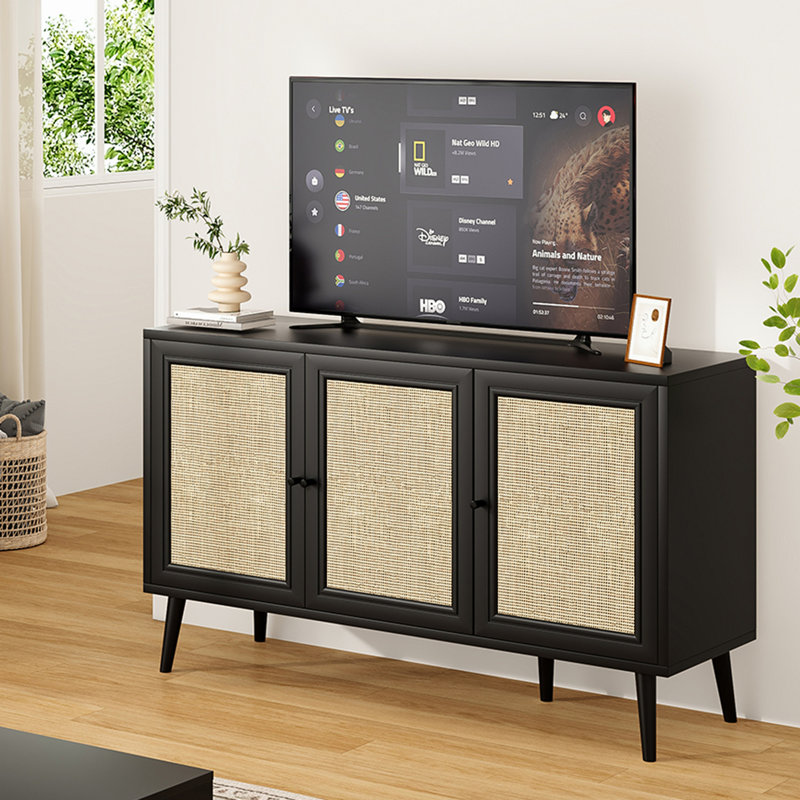 Buffet buffet avec 3 portes en rotin, Noir, noir, noir, noir, 27.6" H x 47.2" W x 15.5" D