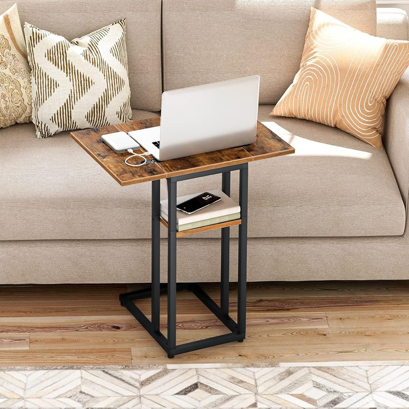 Table de bout pliable, table d'appoint en forme de C avec tablette de rangement, petite table de collation pour les petits espaces de salon et de chambre à coucher, assemblage facile, brun rustique