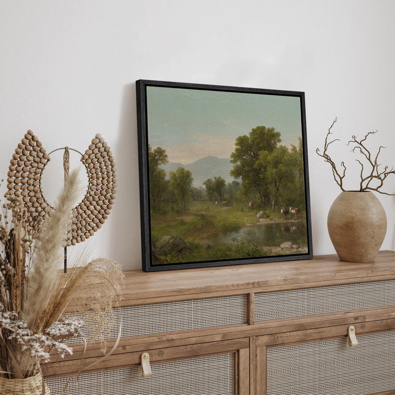 Bovin Bucolique par la rivière, reproduction d'art sur toile, Toile noire, H 16 po x l 16 po