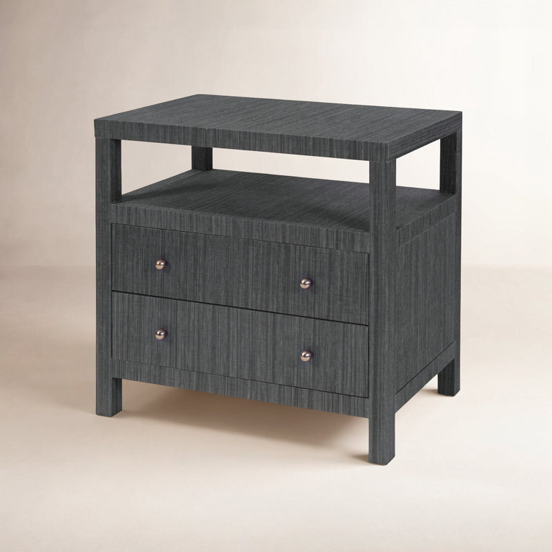 Celine 28 in. W Raffia 2 Drawer Nightstand with Shelf, Charcoal Gray, Charcoal Gray