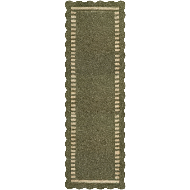 Abstract Wool Hand Tufted Area Rug, Olive Green, Beige, Runner 76 x 244 cm