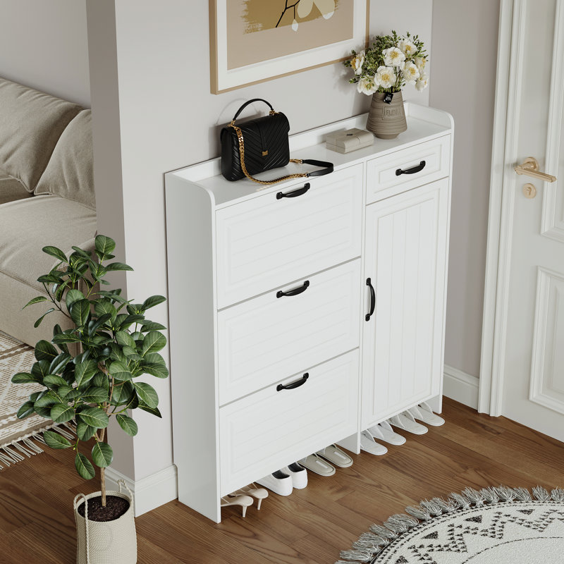 Range-chaussures blanc avec 4 portes et 1 tiroir, grand espace de rangement