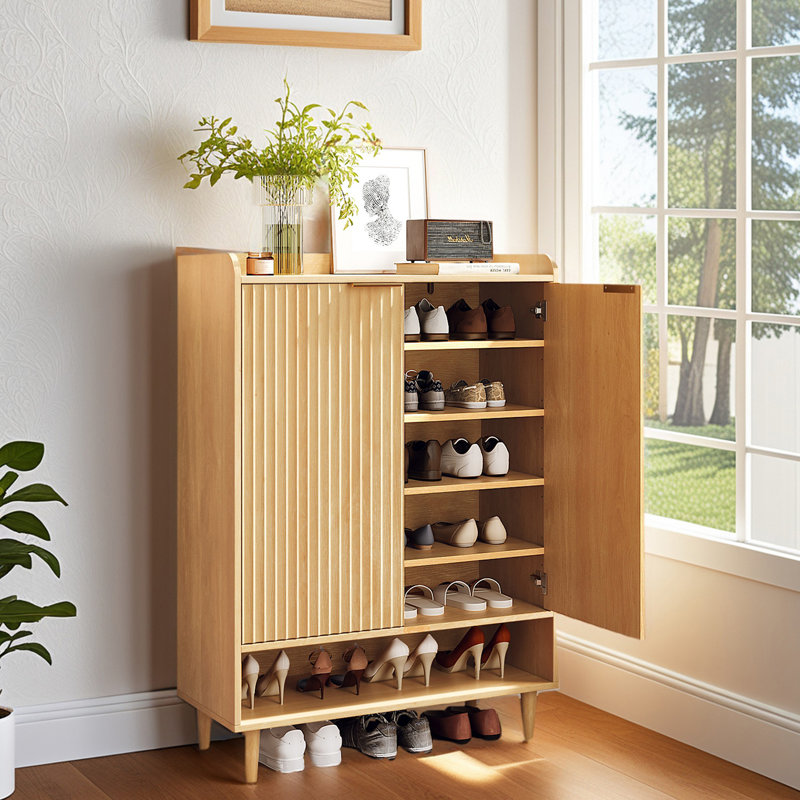 31.6 Inch 2 Door 1 Panel 1 Shelf Conical Leg Slatted Shoe Cabinet, Oak