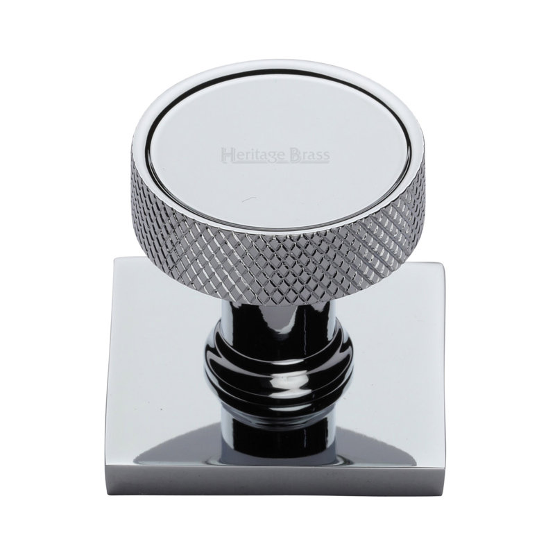 Heritage Brass Cabinet Knob Florence Knurled Design with Square Backplate, Polished Chrome