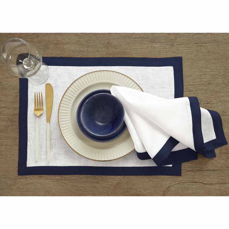 Classic - 100% Pure Linen Dinner Napkins, Navy/White