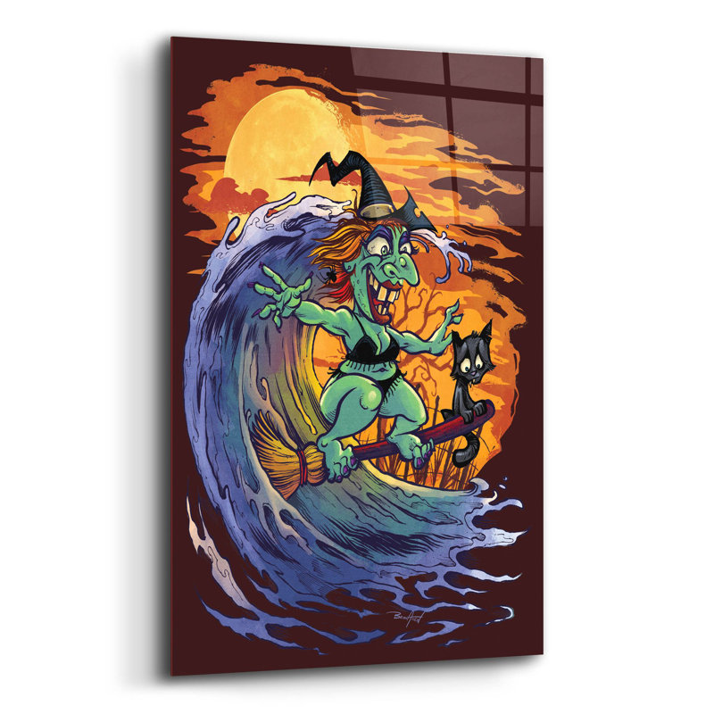 Halloween à la plage - sorcière sur plastique / acrylique par Flyland Designs Print, H 16 po x l 12 po x P 0,13 po