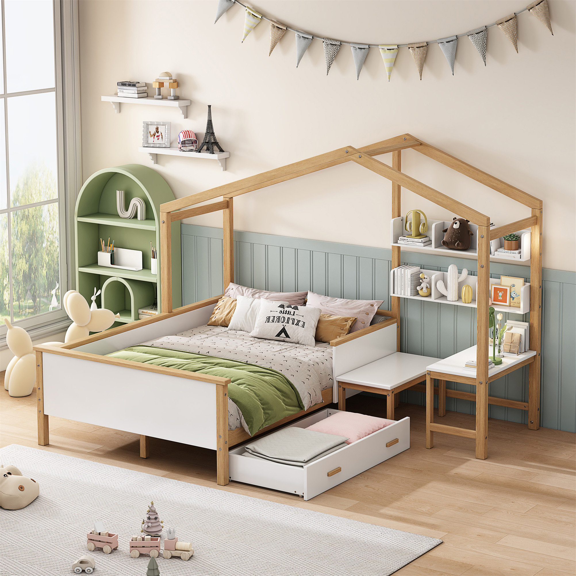 White Full Size Wooden House Bed Original Wood Colored Frame with Two Drawers and Bookshelf Storage Space for Children or Guest Room main image 1