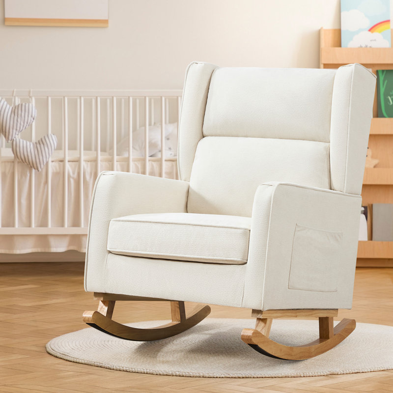 Chaise berçante en bois massif, Brun, Beige