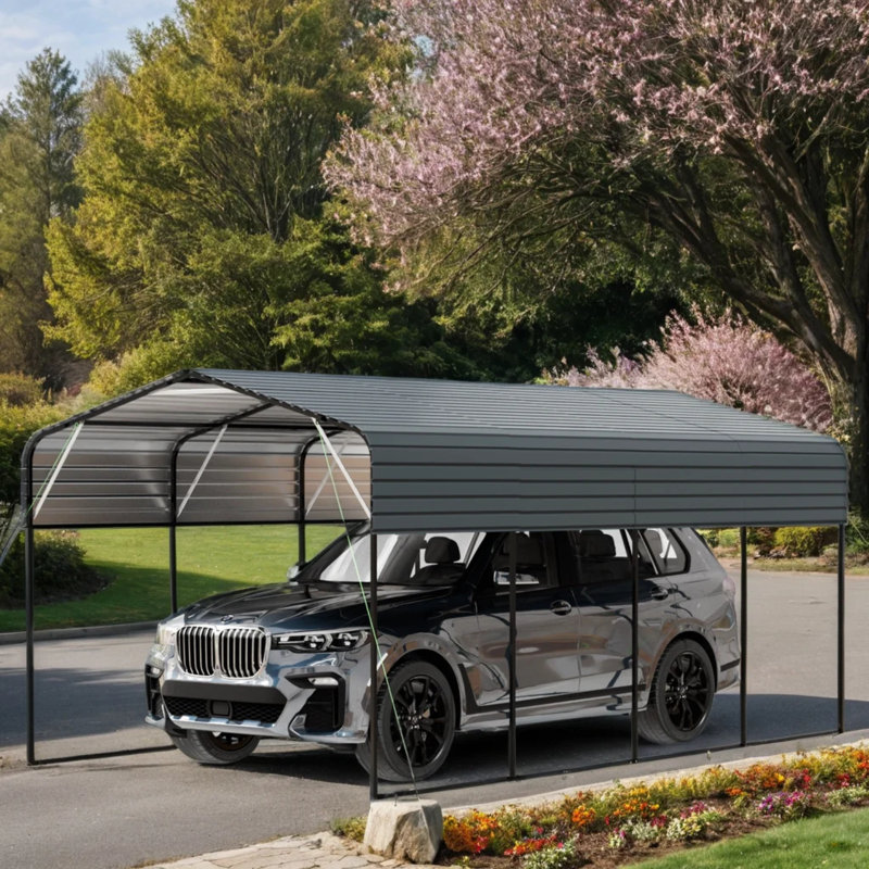 Metal Carport 11X19 Ft Heavy Duty Black Frame With Galvanized Steel Roof Outdoor Garage Shelter
