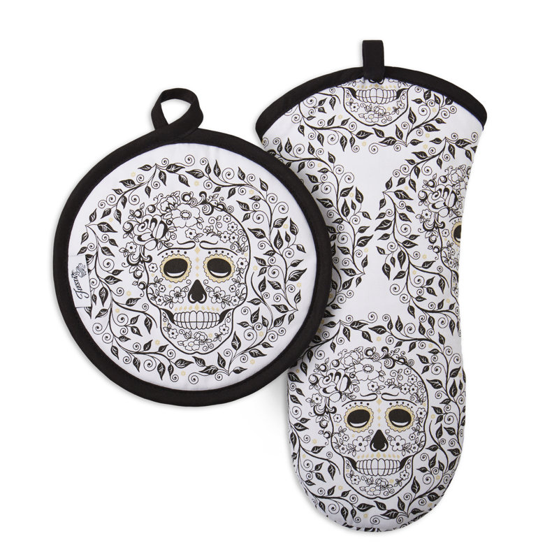 Ensemble de 2 gants de cuisine et porte-casseroles Fiesta Skull & Vine 6,5 po x 13 po, 8 po x 8 po, noir / blanc